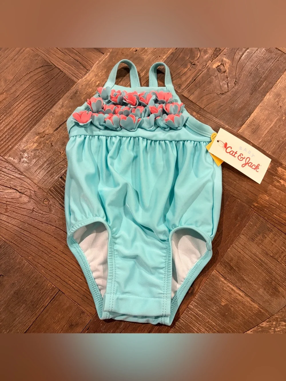 Cat & Jack Baby Girl Teal Aqua Pink Ruffle Flower One Piece Swimsuit 3-6M